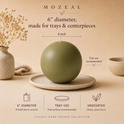 MOZEAL Hand-Poured, 6 Inch Olive Green Large Round Ball Candles - Elegant Olive Green Round Pillar Candles, Dripless, Unscented, Smokeless, Ideal for Autumn Gatherings.