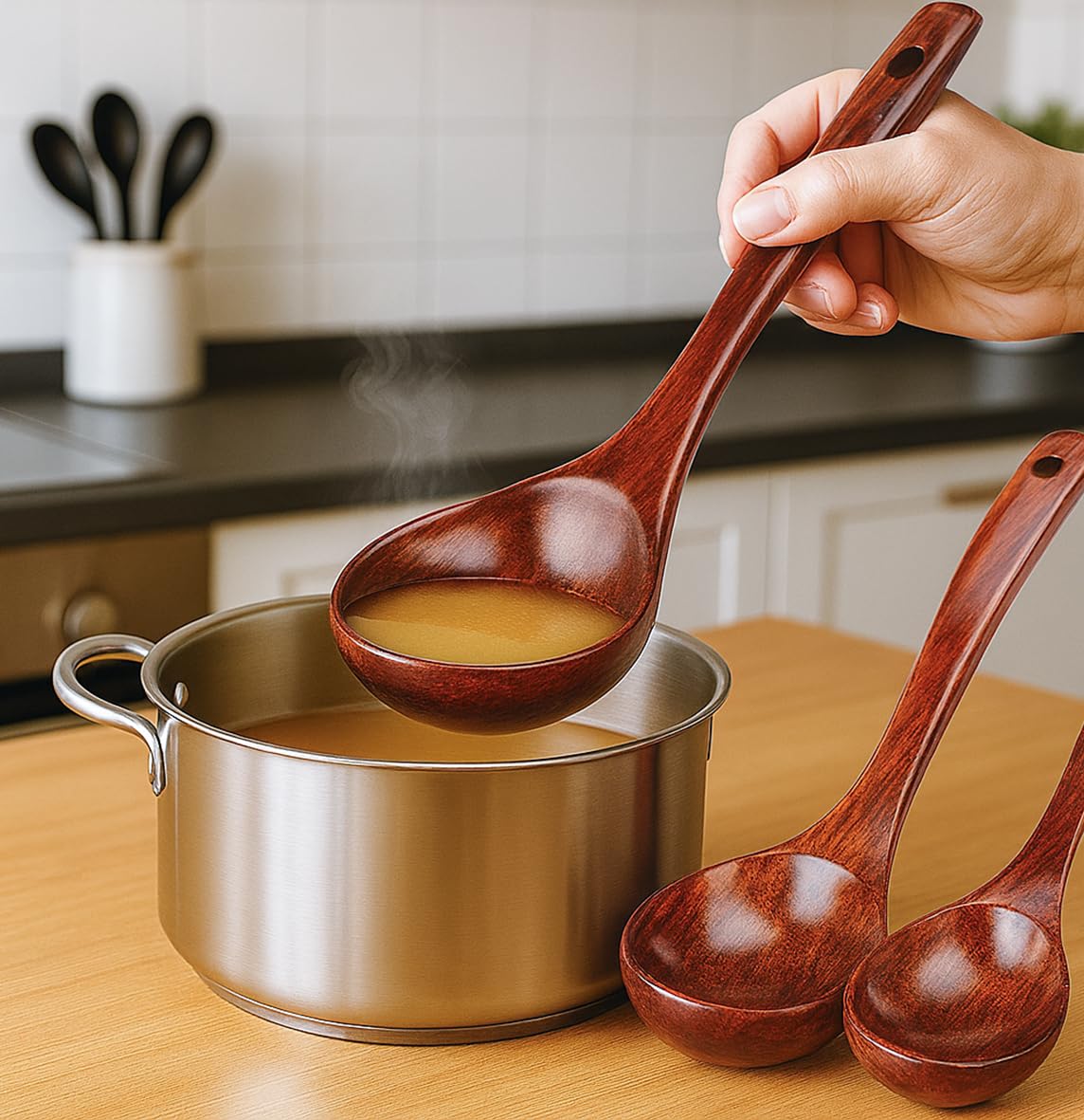 HANSGO Wooden Ladle for Soup, 3 Size Wooden Spoons for Deep Pot & Bowl, Heat Resistant Handles, Non-Stick Wood Kitchen Utensils Set for Cooking, Serving and Stirring Thick Stews, House Warming Gifts