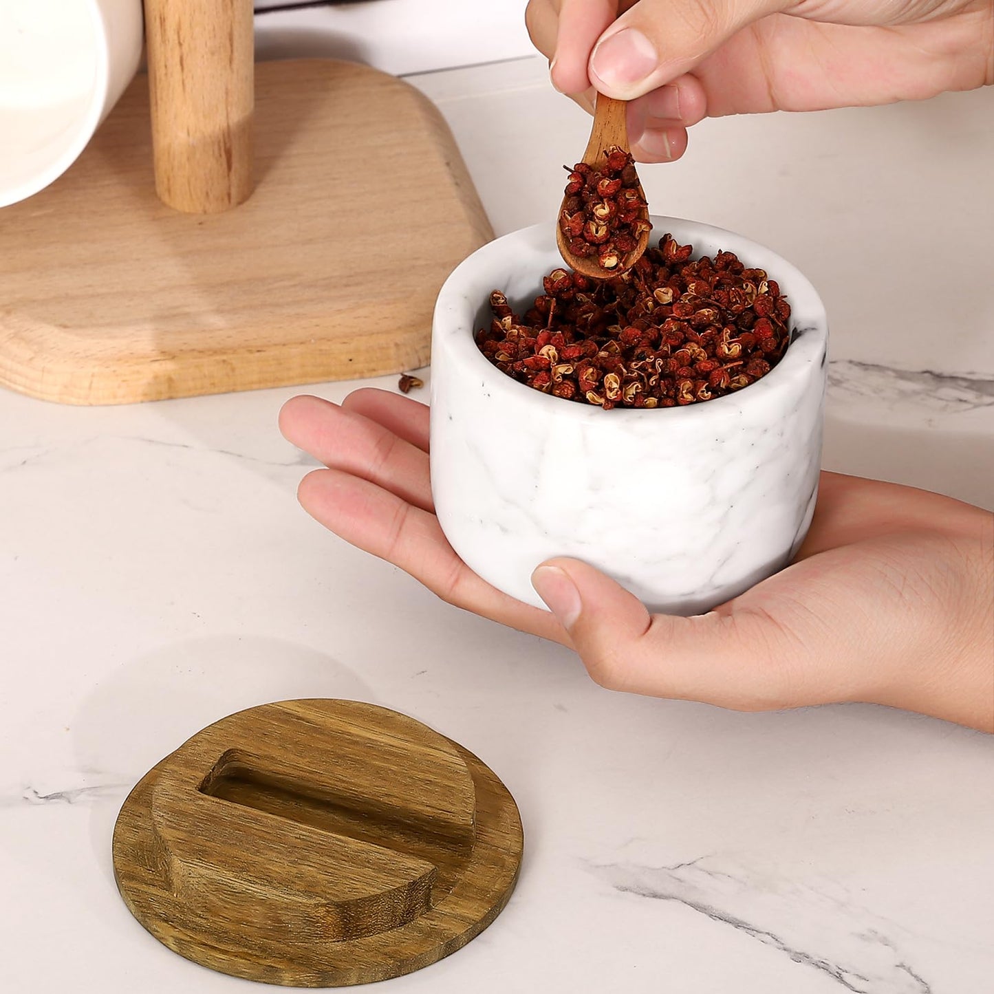 RAETTER.LY Salt and Pepper Bowl, Marble Salt Cellar and Spices Storage Container With Built-in Spoon and Acacia Wood Lid - 6.5oz Capacity (White)