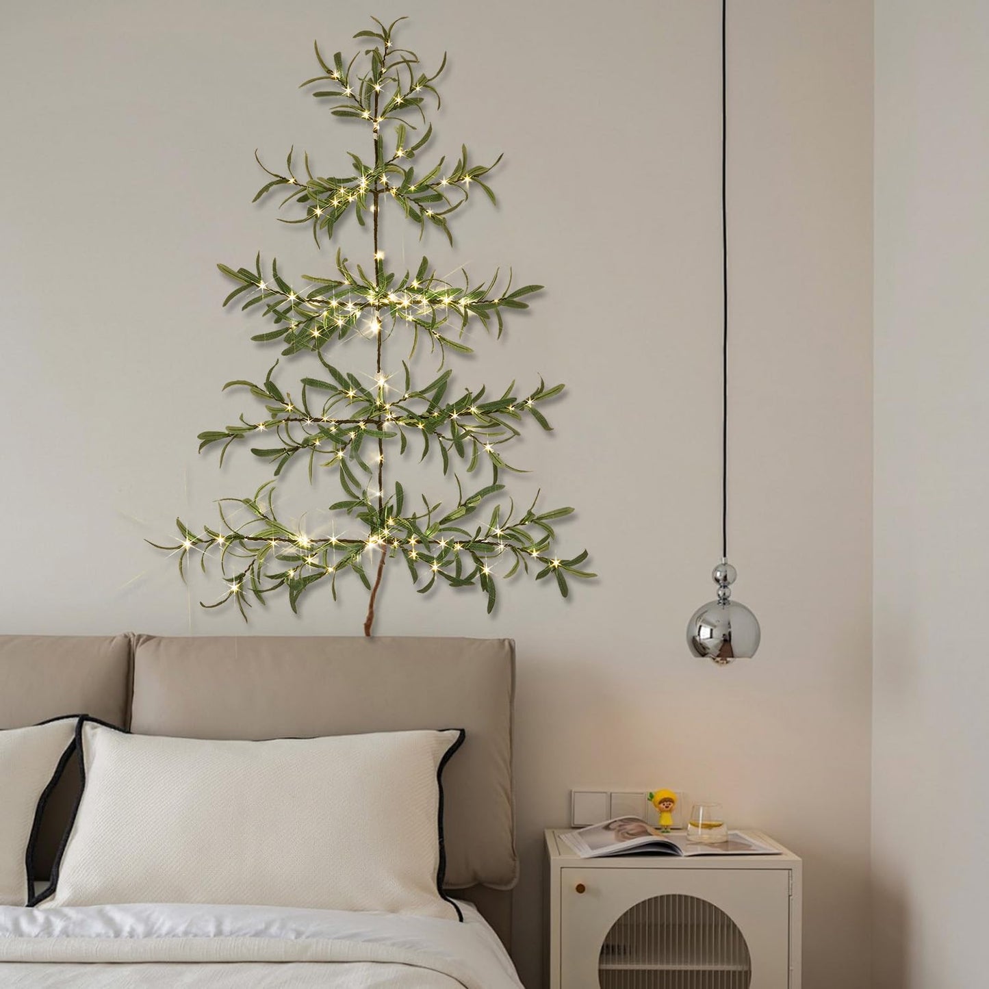 Fudios Olive Wall Christmas Tree with Lights 140 LED 3.5FT Prelit Hanging Greenery Branch Garland with Timer for Home Window Christmas Holiday Decoration