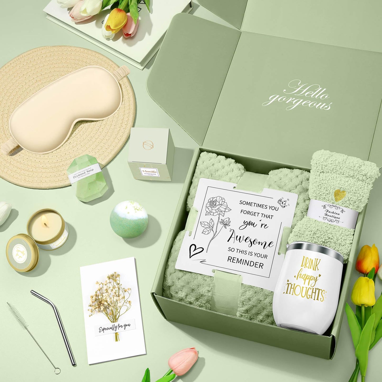 Happy Birthday Gifts for Women Mom Her Friend Sister Wife Grandma, Self Care Gifts Get Well Gifts Unique Relaxing Spa Gift Basket Set, Christmas Gifts for Women Mom Grandma (Sage Green)