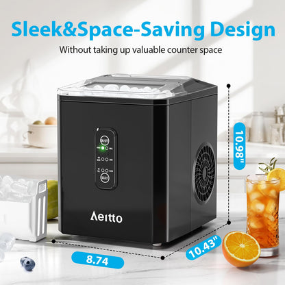 Aeitto Ice Makers Countertop, 9 Ice Cubes Release in 6 Mins, 26Lbs/24H, 2 Sizes of Bullet Ice Machine,Self-Cleaning Portable Ice Maker with Ice Scoop and Basket for Home Kitchen Office Bar RV, Black