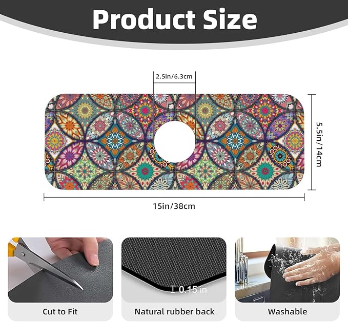 Boho Pretty Mandala Ceramic Rainbow Kitchen Sink Splash Guard Faucet Mat 1 Pcs