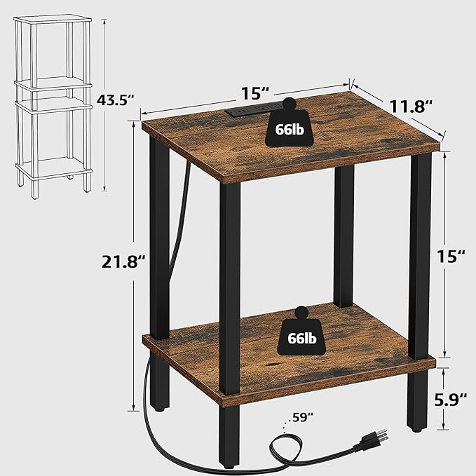 TUTOTAK End Table with Charging Station, Side Table with USB Ports and Outlets