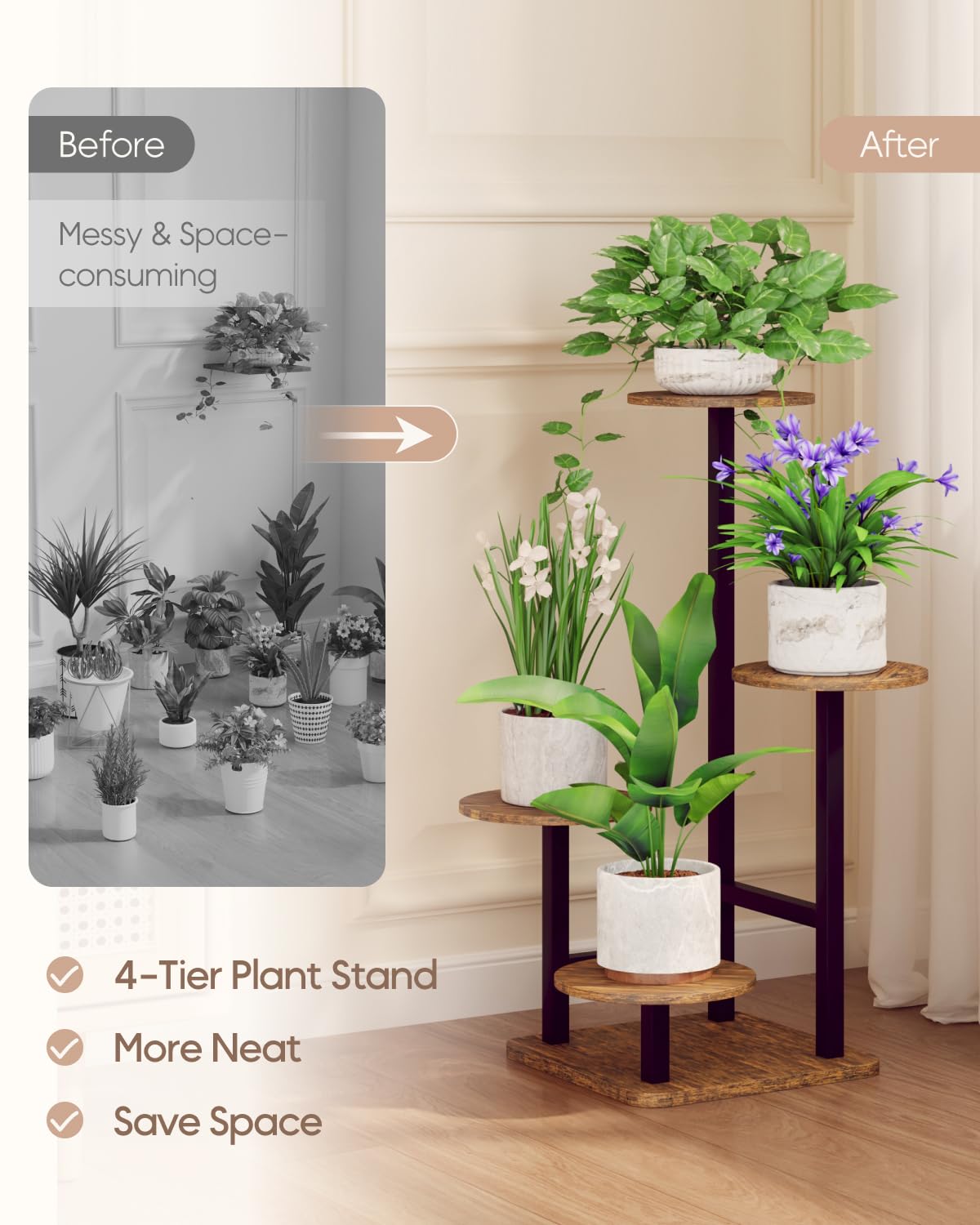 Homsorout Plant Stand Indoor - 4 Tiered Indoor Plant Stand, Metal Plant Shelf Plant Holder, Ideal for Living Room, Garden, Patio, Balcony (Black Brown)