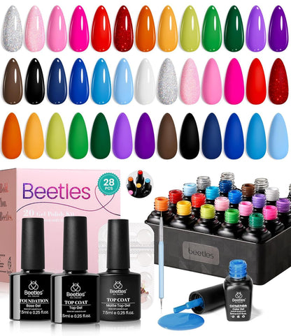 Beetles Halloween Gel Nail Polish - 39 Pcs Jelly Nail Set Glitter Changing Nail Polish Kit Treasure Box Collection with 3Pcs Base Matte and Glossy Top Soak Off Nails