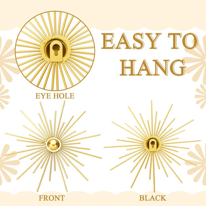 Fourluoo 3 Pcs Metal Starburst Wall Decor Gold Metal Wall Art 3D Spike Bling Finish Star Burst Hangings Accents Sculptures Set Modern Mid Century Decorations for Living Room Bedroom Entryway