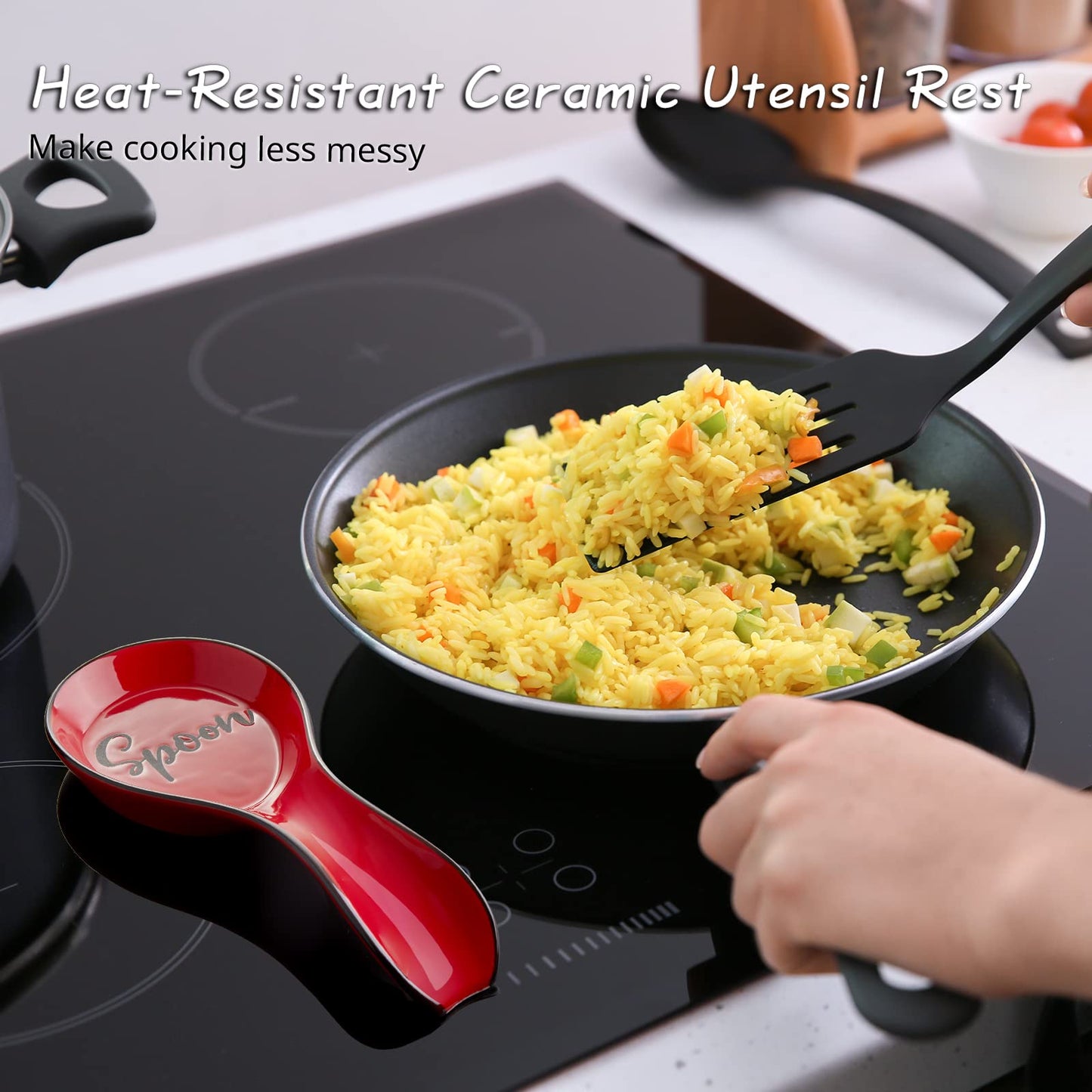 Ceramic Spoon Rest for Stove Top, DAYYET Large Spoon Holder, Spoon Rest for Kitchen Counter, Utensil Rest for Ladles, Spatula, Tong, Red Kitchen Decor and Accessories
