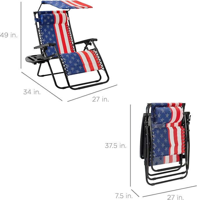 Best Choice Products Folding Zero Gravity Outdoor Recliner Patio Lounge Chair w/Adjustable Canopy Shade, Headrest, Side Accessory Tray, Textilene Mesh - American Flag