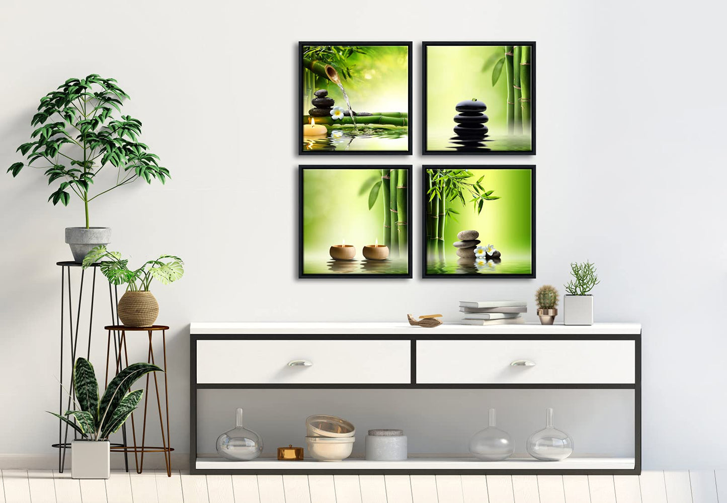 Pyradecor 4 Panels Framed Canvas Wall Art Contemporary Zen Canvas Prints Perfect Bamboo Green Pictures Paintings Artwork for Home Office Decorations