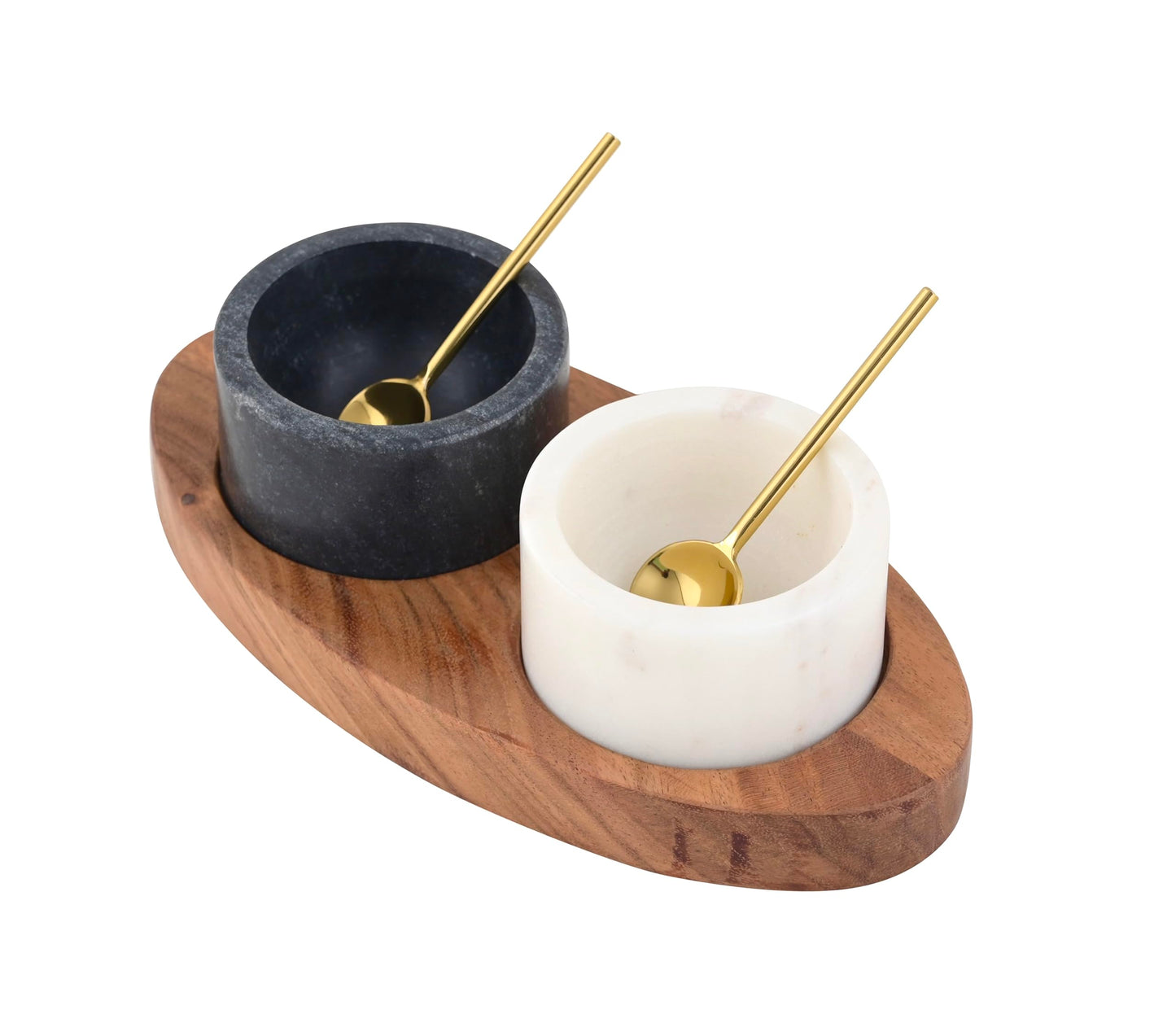 Cruiser’s Caché 2 Piece White and Black Marble Salt and Spice Cellar or Dipping Bowls with Wood Tray and Gold Spoons