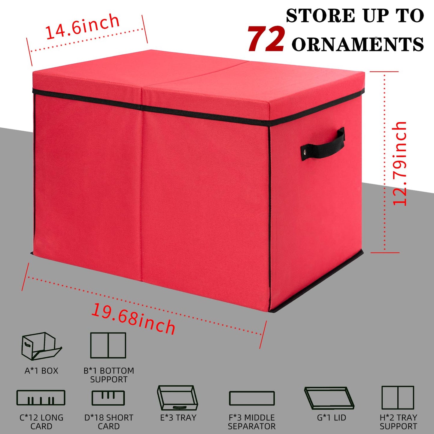 JY COOKMENT Christmas Ornament Storage Box with Adjustable Dividers, Large Holiday Ornaments Storage Container Bin with Lid for Xmas Decorations (72-3" Balls, Red, With Removable Tray)