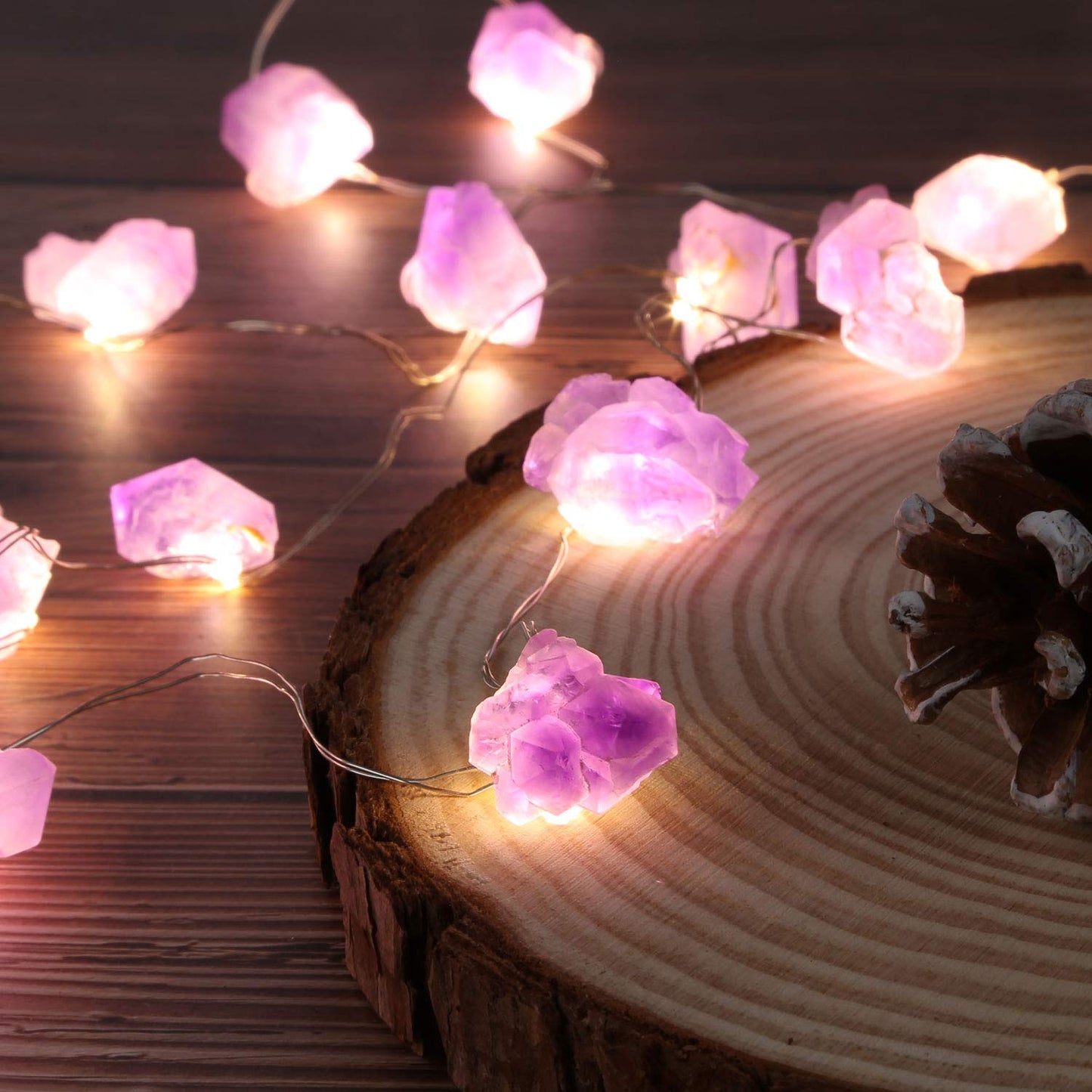 Natural Amethyst Decorative Lights Crystal Indoor String Lights Raw Stones 8.5feet 20LEDs with Remote Control, Hanging Healing Reiki Ornaments Battery Operated for Room Wedding Valentines Day Decor