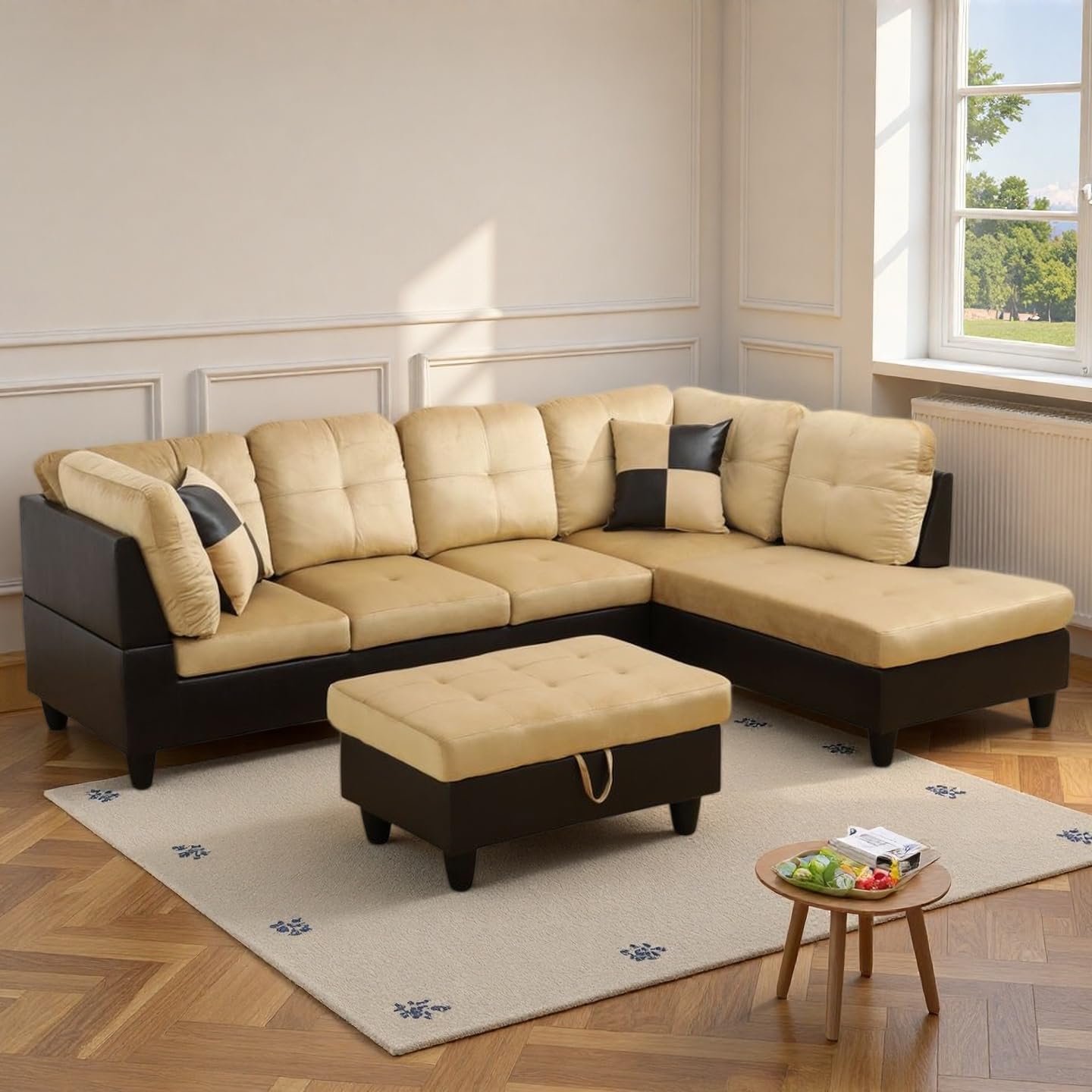 NicBex Sectional Couch 3 Pieces Sofa Set, L-Shaped Modular Couches for Living Room, Furniture Sets with Lounge Chaise & Storage Ottoman, Multi-Scene Use for Apartment & Office, Beige+Black