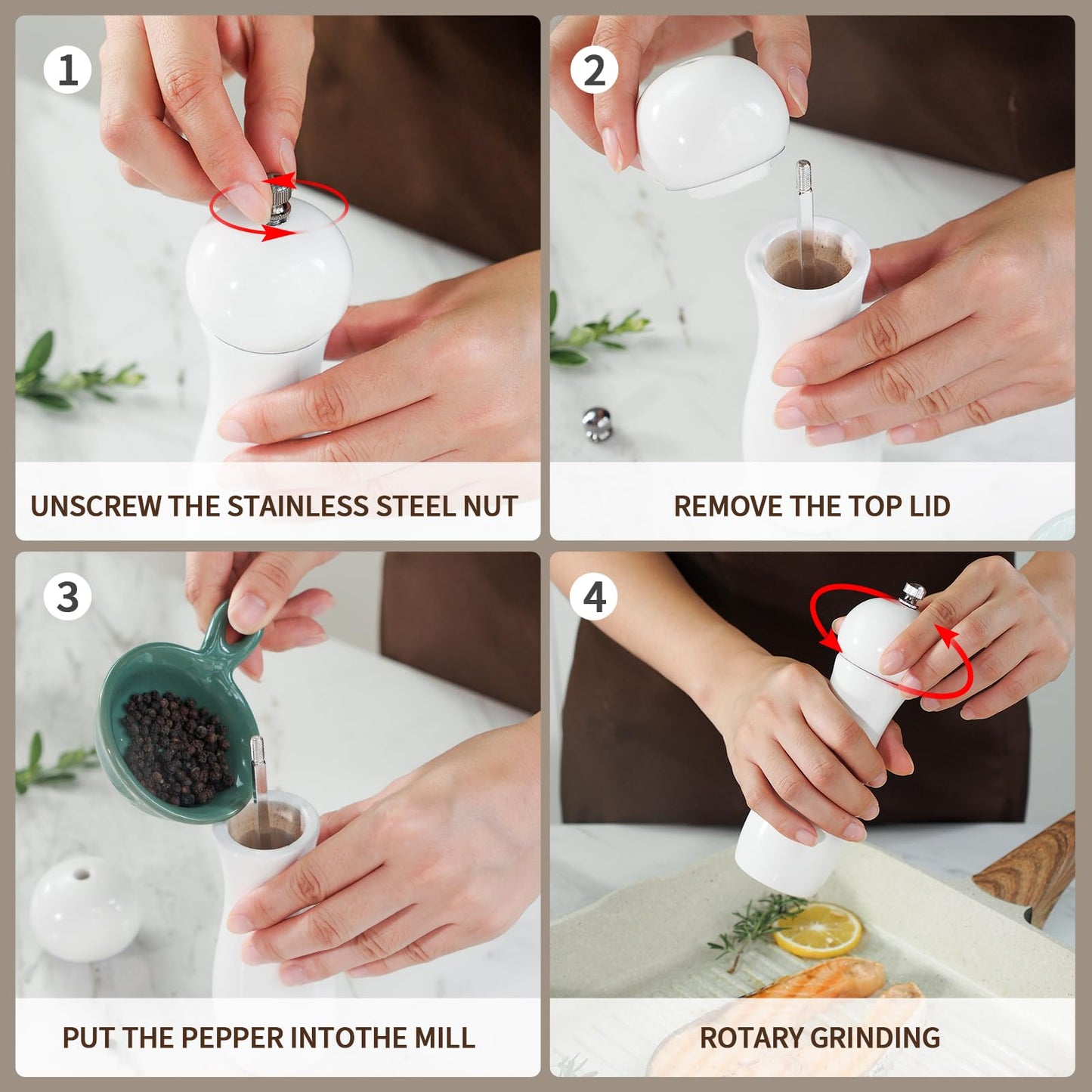 SHIKORI Manual Wooden Salt and Pepper Mills Shakers, 6.5 inch Salt and Pepper Grinders Set,Ceramic Rotor with Strong Adjustable Coarseness-White-2Pcs