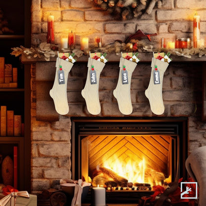 ZIFTY Personalized Christmas Stockings Bulk with Names Set of 4 18 Inches White Knitted Xmas Stockings Soft Warm Double-Sided Classic Decoration for Family Holiday Party Christmas Ornaments (Ivory)