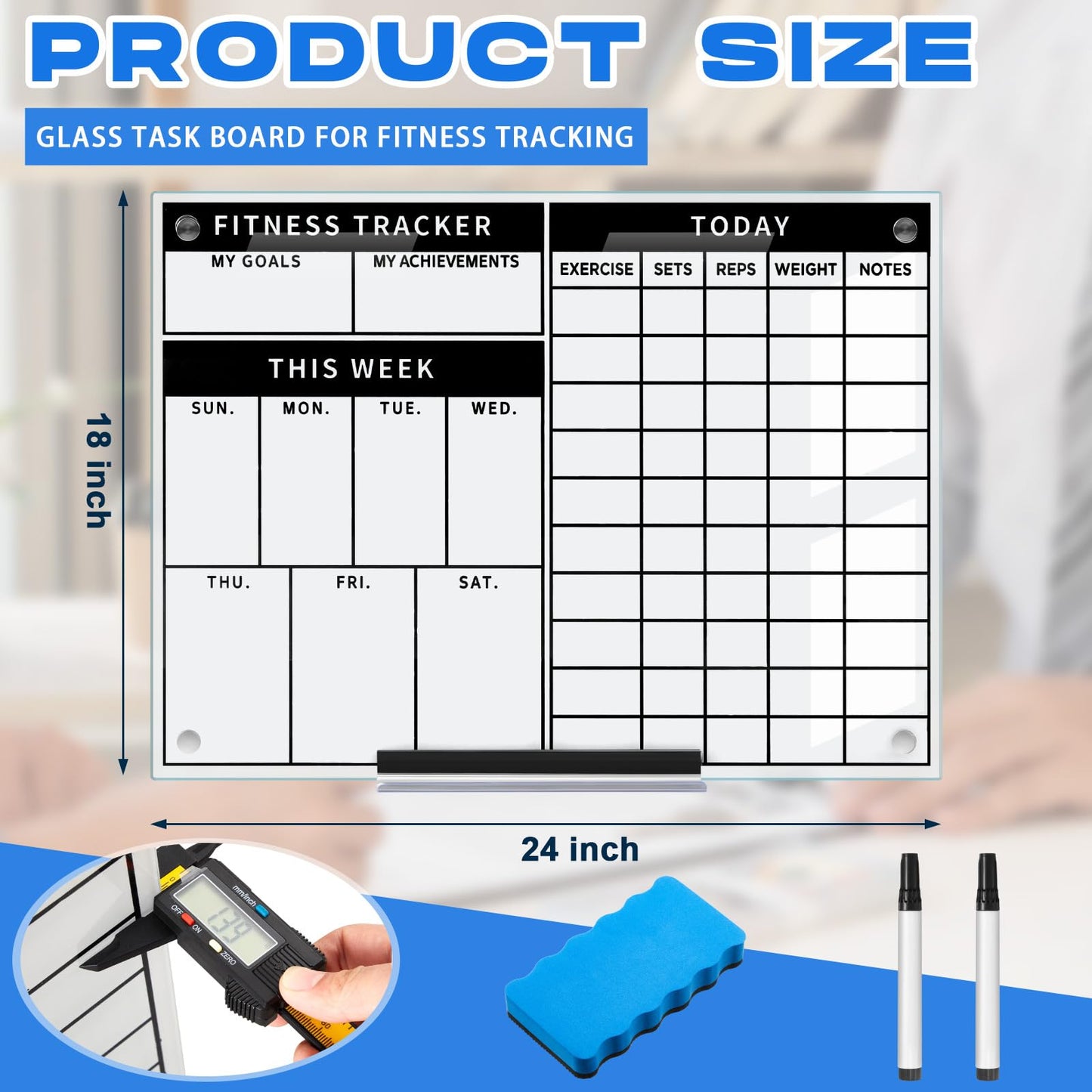 Lincia Glass Dry Erase Whiteboard Fitness Tracker 24 X18 Inch Frameless Mounted Schedule Planner Goal and Task Whiteboard for Home Apartment and Gym Use Marker and Eraser Included