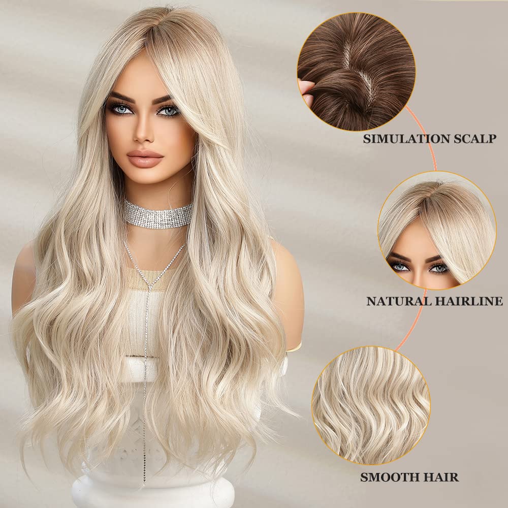 Esmee Long Wavy Blonde Wigs for Women Natuaral Synthetic Hair Heat Resistant Ombre Wig for Daily Party Cosplay Use