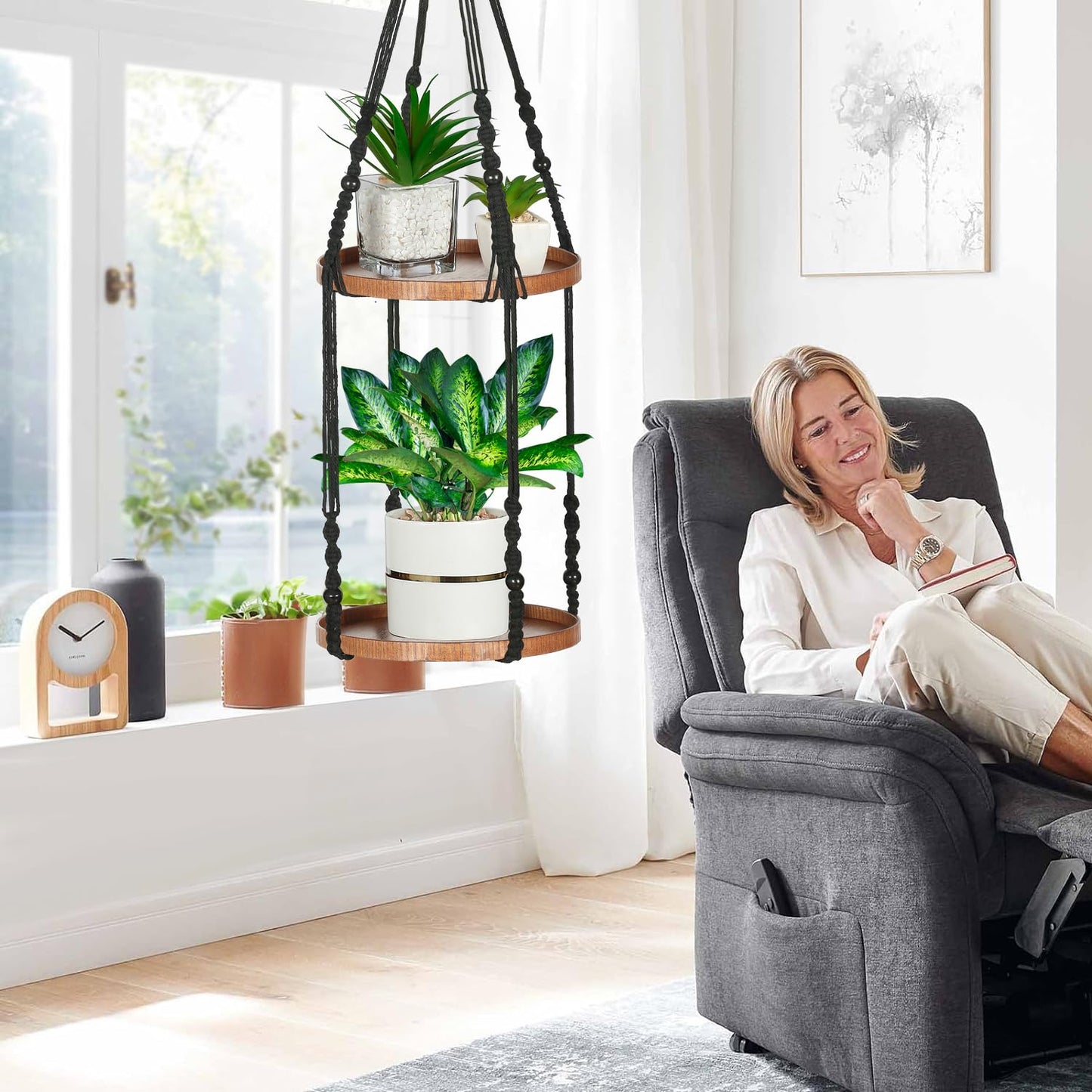 Shineloha 2 Tier Macrame Plant Hanger | Plant Hanger Indoor, Hanging Planter | Hanging Planter Shelf (Large, 12" Shelf)