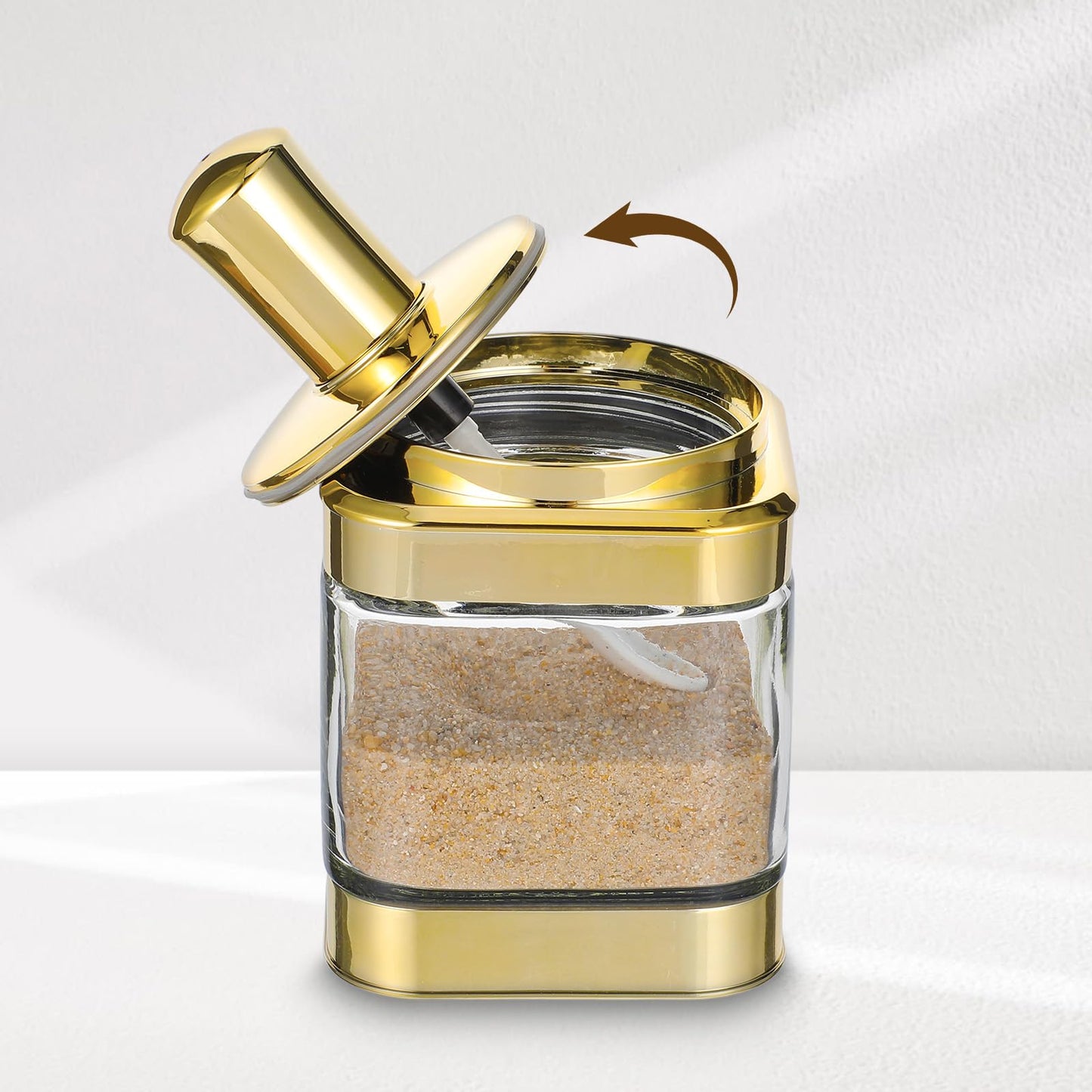 Hpmjz 2 PCS Glass Condiment Containers Gold Spice Jars with Lids and Spoons Seasoning Pot Set Salt Box Sugar Dispenser for Kitchen Dining Room Counter Flour Sugar