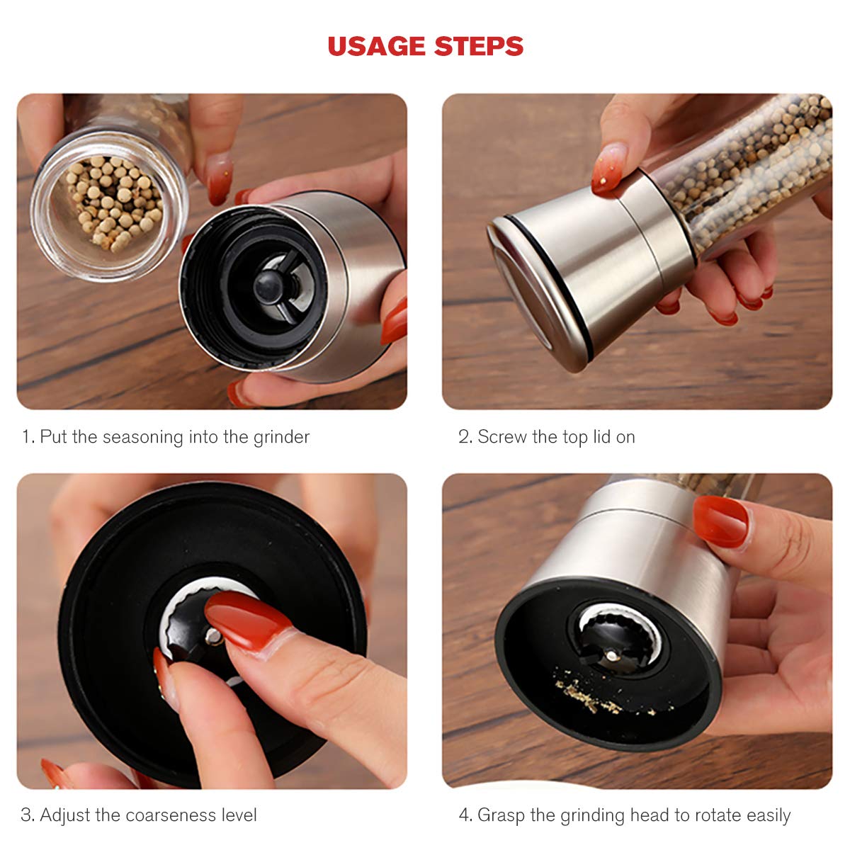 Professional Stainless Steel Salt and Pepper Grinder Set with Stand Manual Spice Adjustable Coarseness with Five Grinding Level Pepper Mill Grinders Shakers Gift Set with Silicone Funnel (Pack of 2)