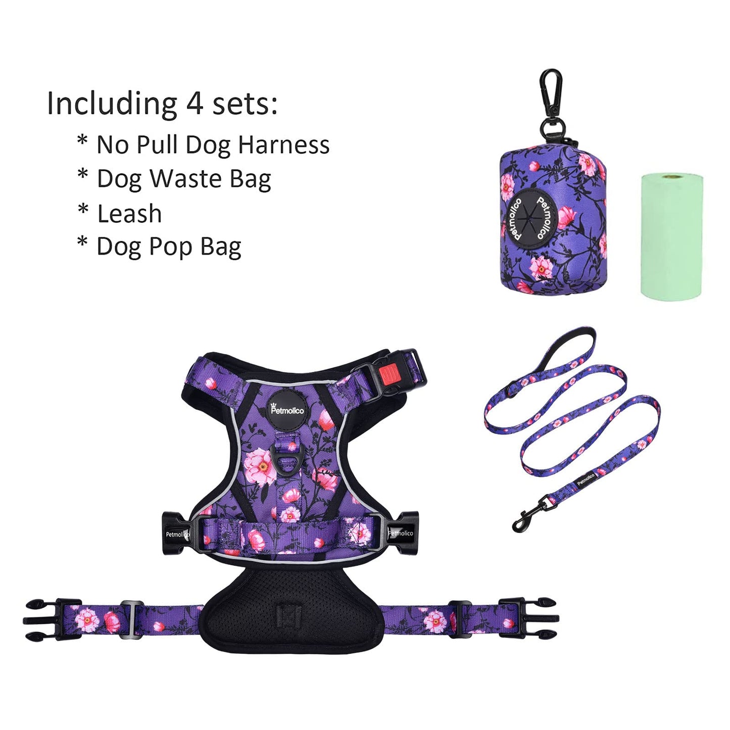 Petmolico No Pull Dog Harness Set with Leash Attachment Easy Control Handle Reflective Harness Vest Small Breed, Puppy Vest and Leash Set with Poop Bag Holder, XS - Purple Peach