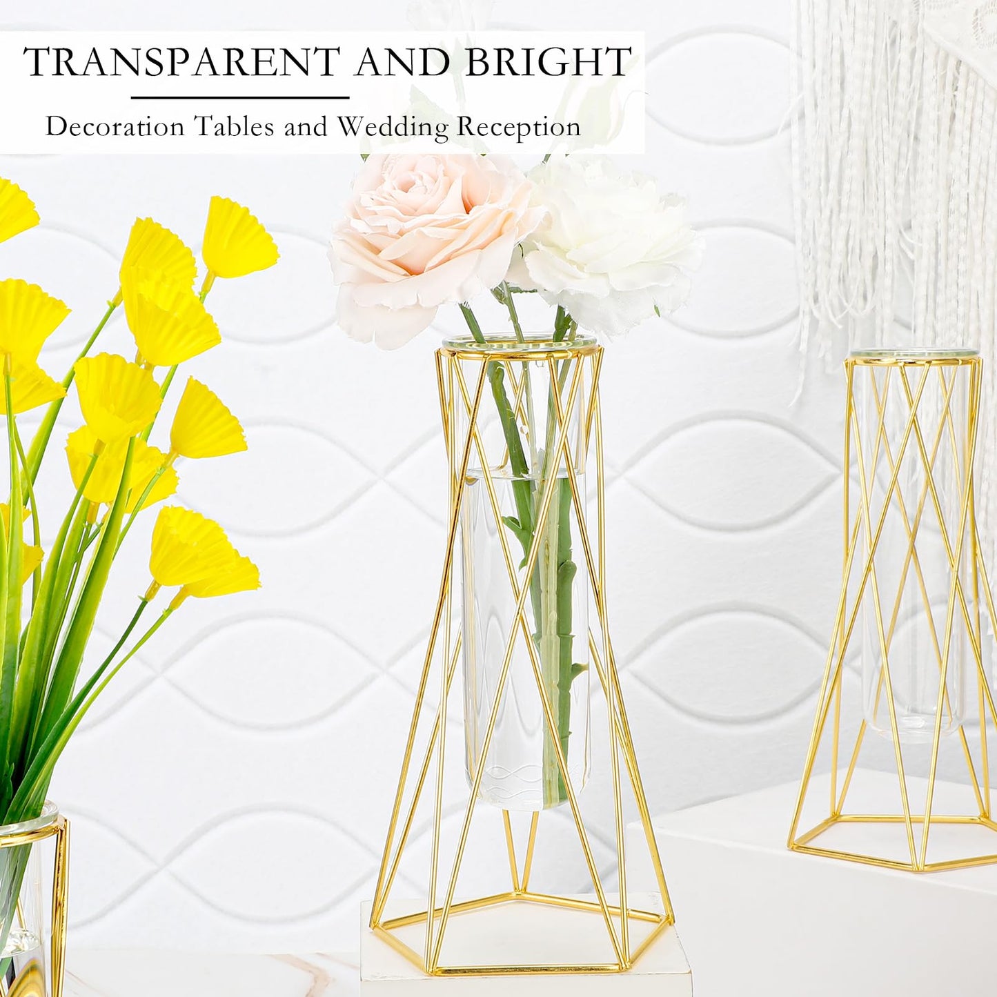 Dandat 12 Pcs Gold Geometric Vase for Centerpieces Glass Vase with Metal Stand Hydroponic Plant Flower Vase Modern Vase for Wedding Home Office Centerpiece Decor (8.7 Inch)