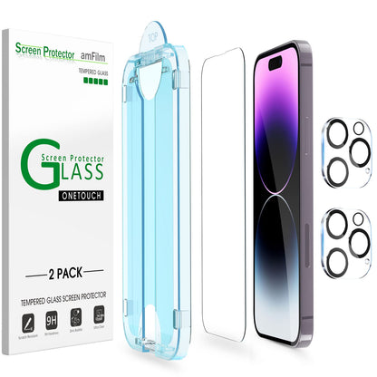 amFilm Easiest Installation OneTouch for iPhone 15 Pro Max Screen Protector [6.7 Inch] Tempered Glass + Camera Lens Protector, Auto-Alignment Tech, Bubble Free, Case Friendly, Anti-Scratch [2+2 Pack]