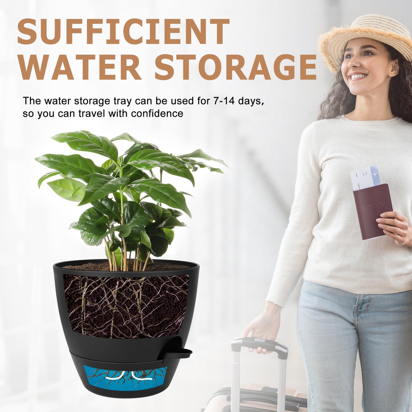 QRRICA Plant Pots 10/9/8/7.5/7 Inch Self Watering Pots, Set of 5 Plastic Planters with Drainage Holes and Saucers,Plastic Flower Pots,Nursery Planting Pot for Indoor Out Door Plants(All Black)