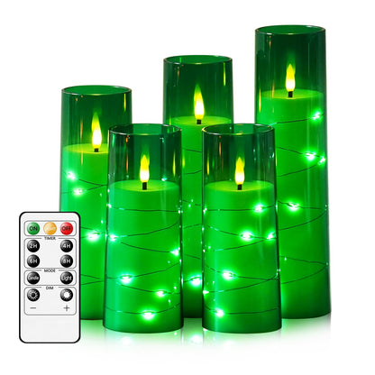 kakoya Flameless LED Candles with Timer 5 Pc Flickering Flameless Candles for Romantic Ambiance and Home Decoration Stable Acrylic Shell,with Embedded Star String，Battery Operated Candles（Green）