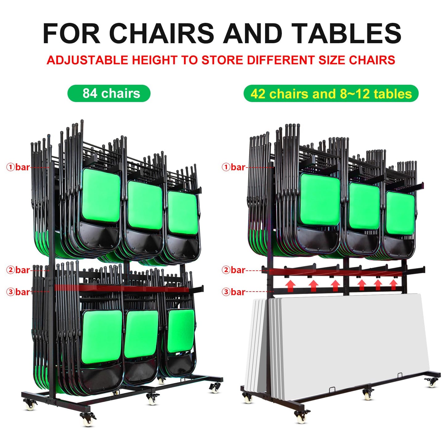 Gliretiky Folding Chair Cart Storage Rack Thickened Two Tier Heavy Duty Folding Table Chair Racks for Storage with Locking Rubber Wheels can Withstand 800LBS Capacity