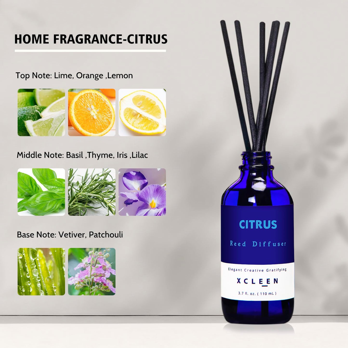 Reed Diffusers Set, 3.7 Oz Scent Diffuser, 6 Reed Diffuser Sticks, Home Fragrance Hyacinth, Peony & Citrus, Aromatherapy Oil Diffuser Reeds, More Masculine Scent, Bathroom & Office Decor 110ml