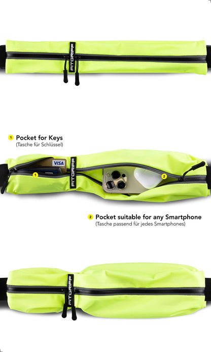 Fitgriff® Running Belt for Men & Women - Secure Jogging Pouch for Phone, Keys & Essentials - For All Cell Phones (Neon Yellow, 24.5" - 35.5" Waist Size)