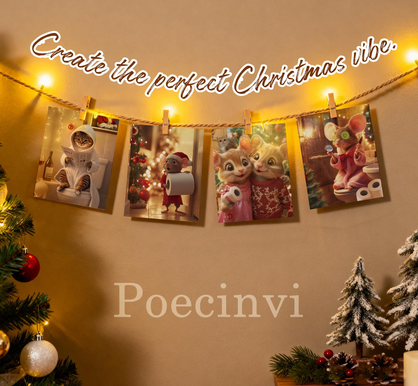 Poecinvi Funny Christmas Bathroom Wall Art Prints Set of 4, Christmas Bathroom Decor, Cute Cat Mouse Animal Xmas Posters Pictures Wall Decor for Kids Bath Room Washroom, 8x10 Unframed