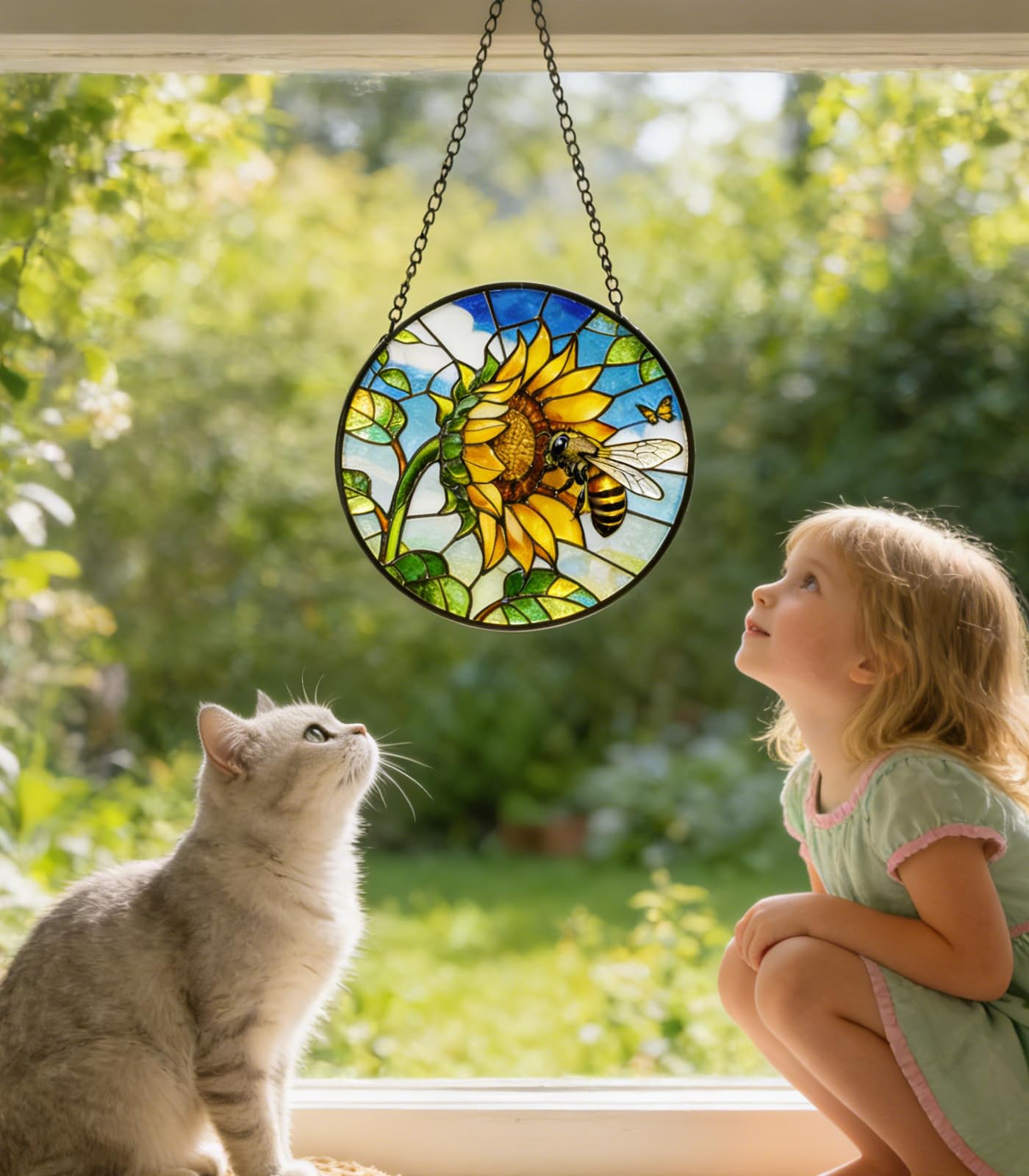 NGOKPYD Stained Glass Window Hanging Sun Catcher Garden Decor Sunflower Flower and Bees on a Branch for Window Doors Home Decoration and Christmas, Mother's Day Birthday Gifts for Women Men Mom 7.8 in