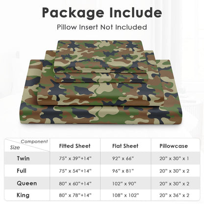 Pamnest Full Size Bed Sheet Sets, Camouflage Army Military Soft Microfiber 4 Pcs Bedding Sets for Kids and Adults Bedroom Bed Decor, Woodland Green Brown Camo Flat, Fitted Sheet and 2 Pillowcases