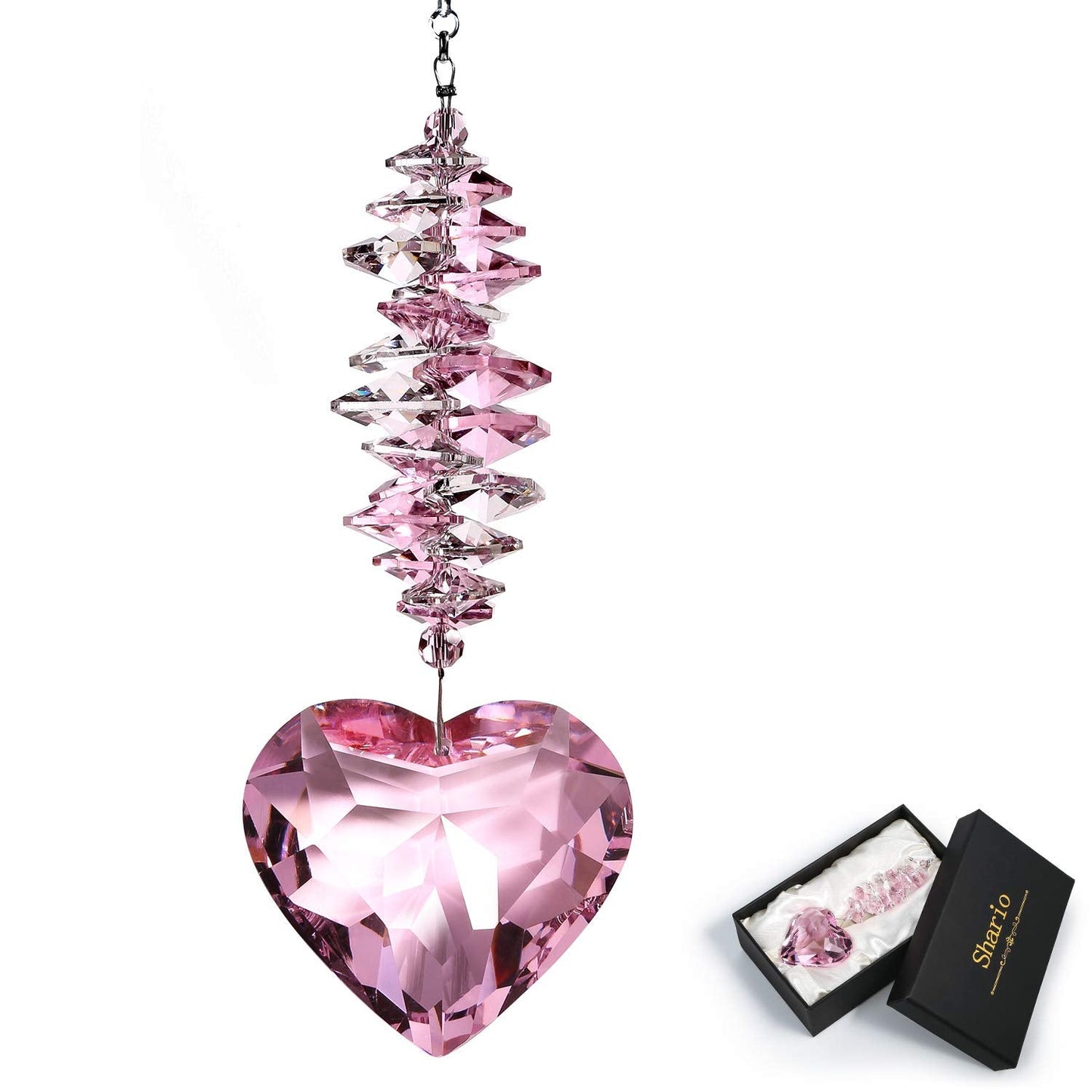 Shario 45mm Clear Glass Heart Crystal Ball Prism Pendant, Suncatcher for Windows, Outdoor Garden Hanging Décor, Gifts for Women, Mom(Pink)