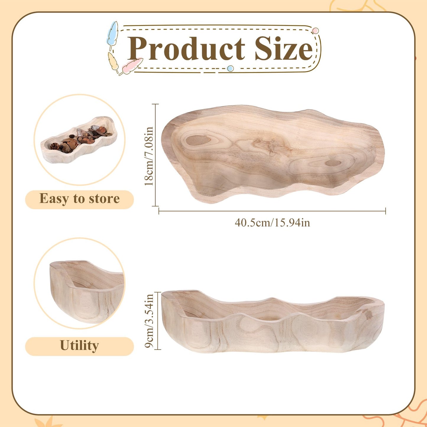 Exircy Wavy Live Edge Dough Bowl, 16 Inch Handmade Wooden Fruit Bowls Decorative Bread Bowls Wood Hand Carved Wooden Coffee Table Bowl for Farmhouse Home Kitchen Decoration