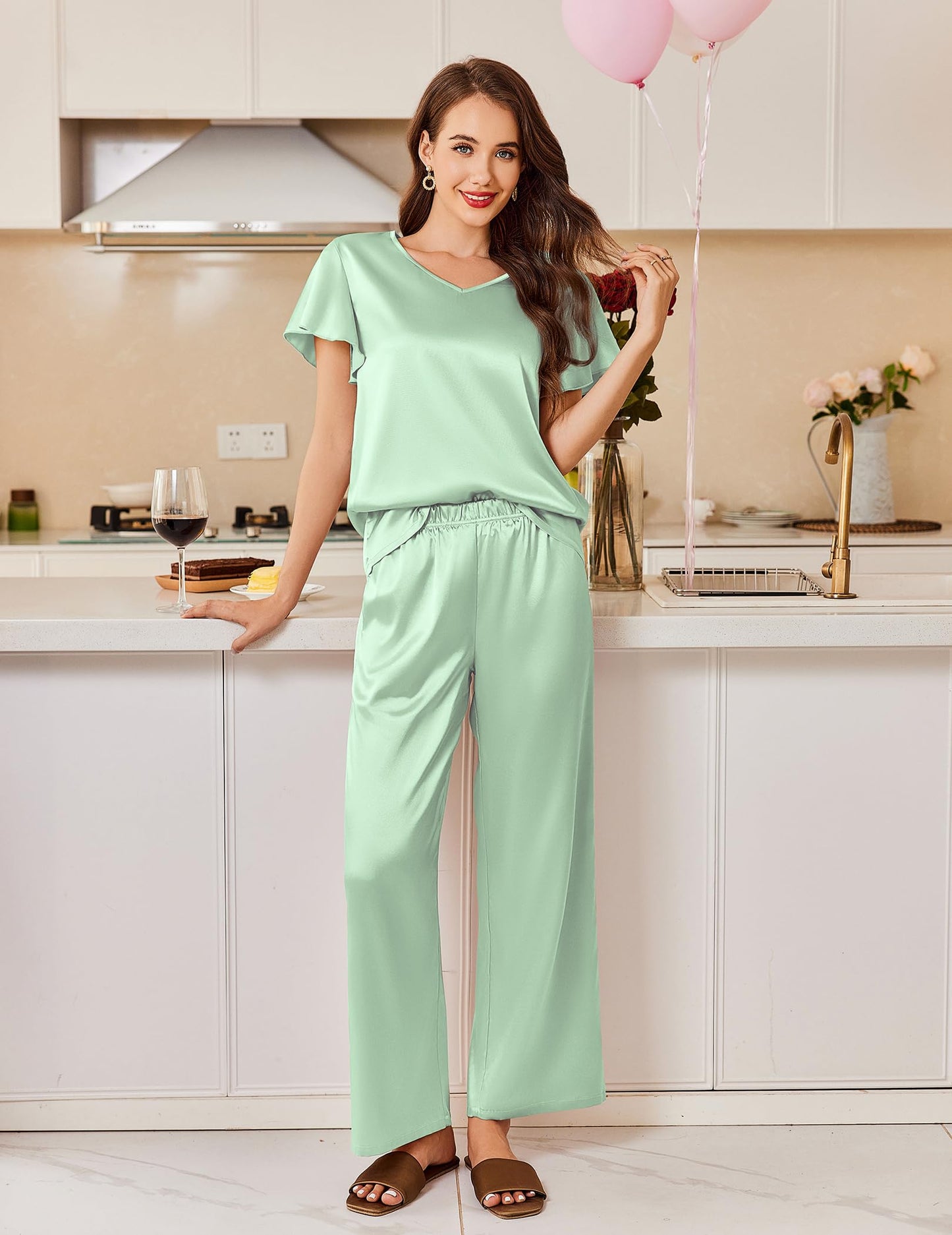 Ekouaer Women's Satin Silky Pajama Set 2 Piece Short Sleeve Shirt with Long Pants Pjs Sets Soft PJ Loungewear S-XXL