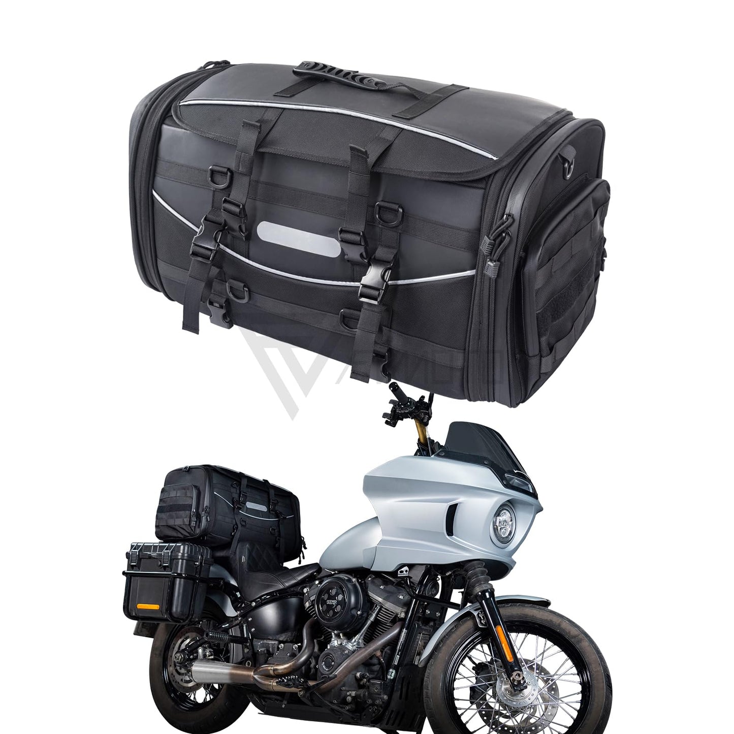 FVMOTO Universal Motorcycle Travel Luggage, Expandable Tail Bag 60-85L (15-22 Gallon), All Weather Rack Bag, Sissy Bar Bags, Helmet Bag, Tour Pack Bag Storage Backpack with 6 Straps, Waterproof cover