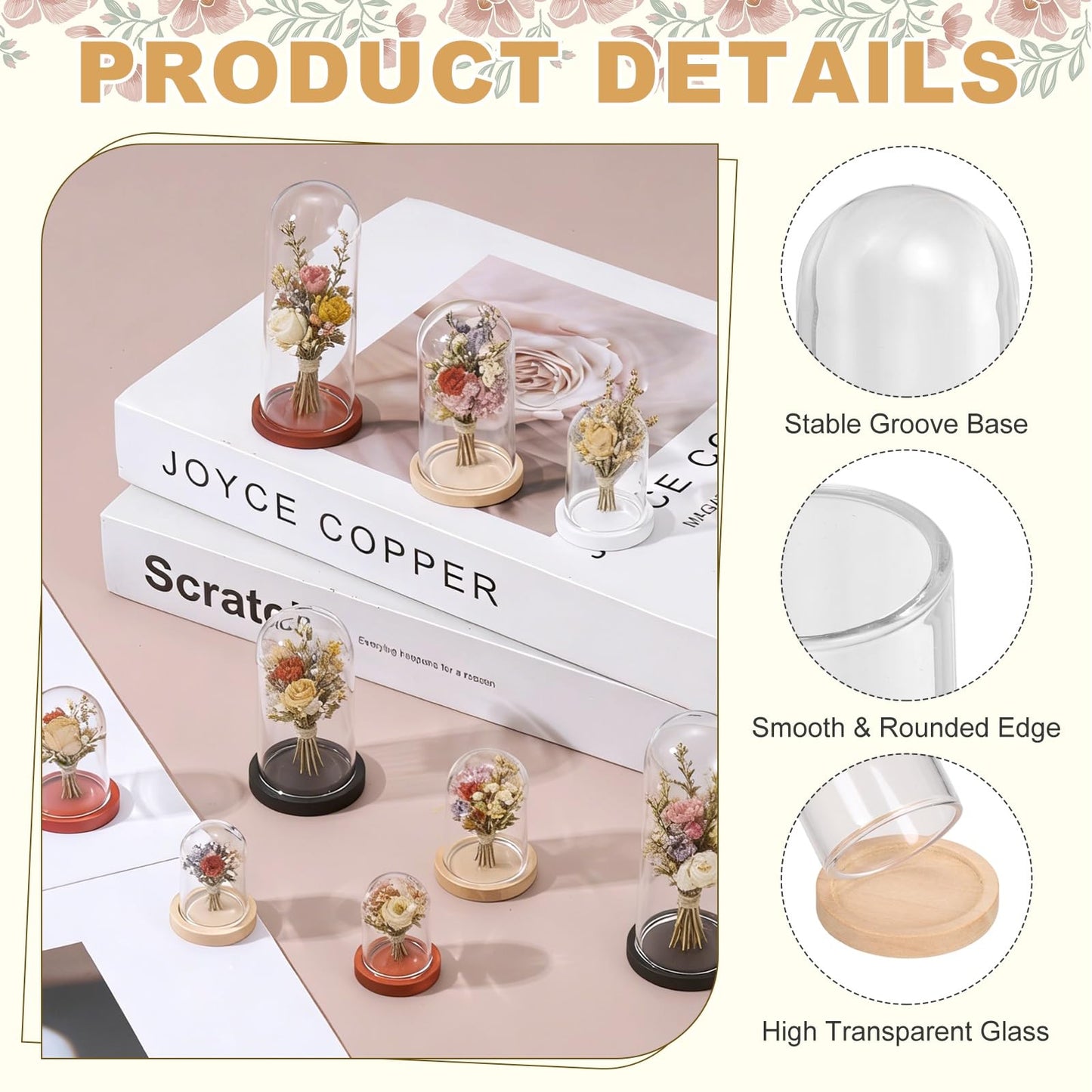 uxcell 4Pcs Glass Display Dome, 1.4" x 2.5" Clear Cloche Glass Dome Decorative Bell Jar with Wooden Base for Collectibles Display Candle Tabletop Centerpiece Plants Wedding, Beige