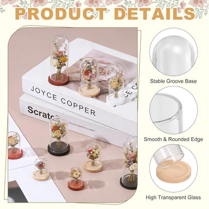 uxcell 4Pcs Glass Display Dome, 1.4" x 2.5" Clear Cloche Glass Dome Decorative Bell Jar with Wooden Base for Collectibles Display Candle Tabletop Centerpiece Plants Wedding, Beige