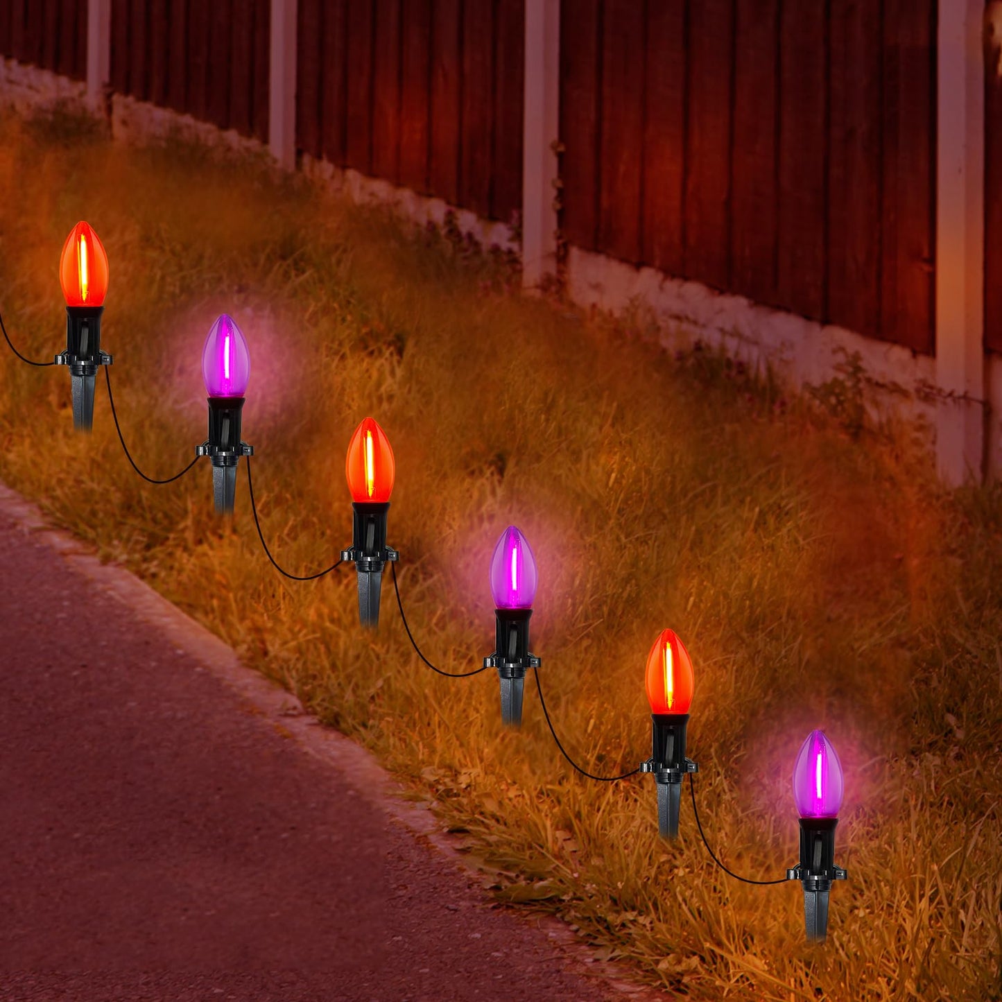 Halloween Pathway Lights Outdoor, 19.5Ft Orange Purple Halloween String Lights with 10 C9 LED Bulbs and Stakes, Connectable Outdoor Waterproof Marker Stake Lights for Halloweens Path Yard Lawn, Garden
