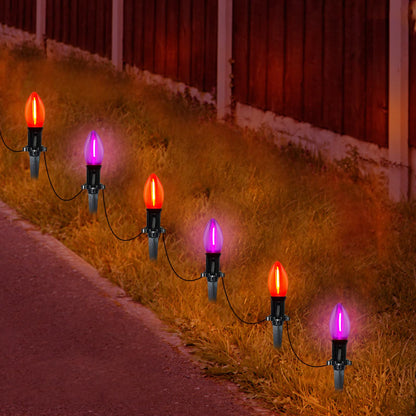 Halloween Pathway Lights Outdoor, 19.5Ft Orange Purple Halloween String Lights with 10 C9 LED Bulbs and Stakes, Connectable Outdoor Waterproof Marker Stake Lights for Halloweens Path Yard Lawn, Garden