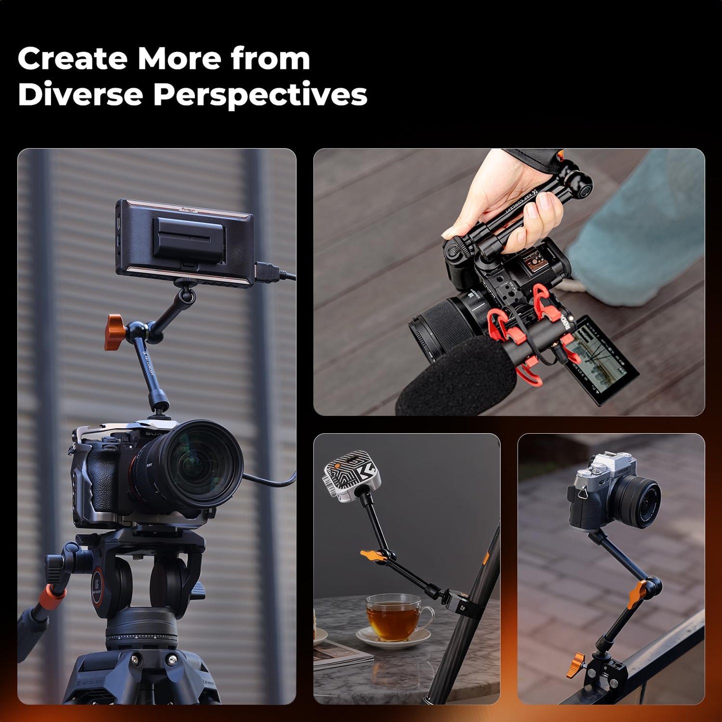 K&F CONCEPT 9.8" Magic Arm Clamp Kit with 1/4" & 3/8" Thread Screw 360° Ball Heads Articulating Magic Arm Camera Mount for Monitor, Flash, LED Light, Microphone, Camera Cage, Action Camera