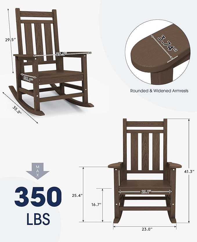 KINGYES Oversized Outdoor Rocking Chair, All-Weather Patio Rocking Chairs for Porch, HDPE Outdoor Patio Rockers with High Back & Wide Seat for Garden, Lawn, Coffee