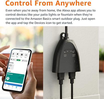 Amazon Basics Outdoor Smart Plug with 2 Individually Controlled Outlets, Works with Alexa Only, 2.4 GHz Wi-Fi, No Hub Required, Black