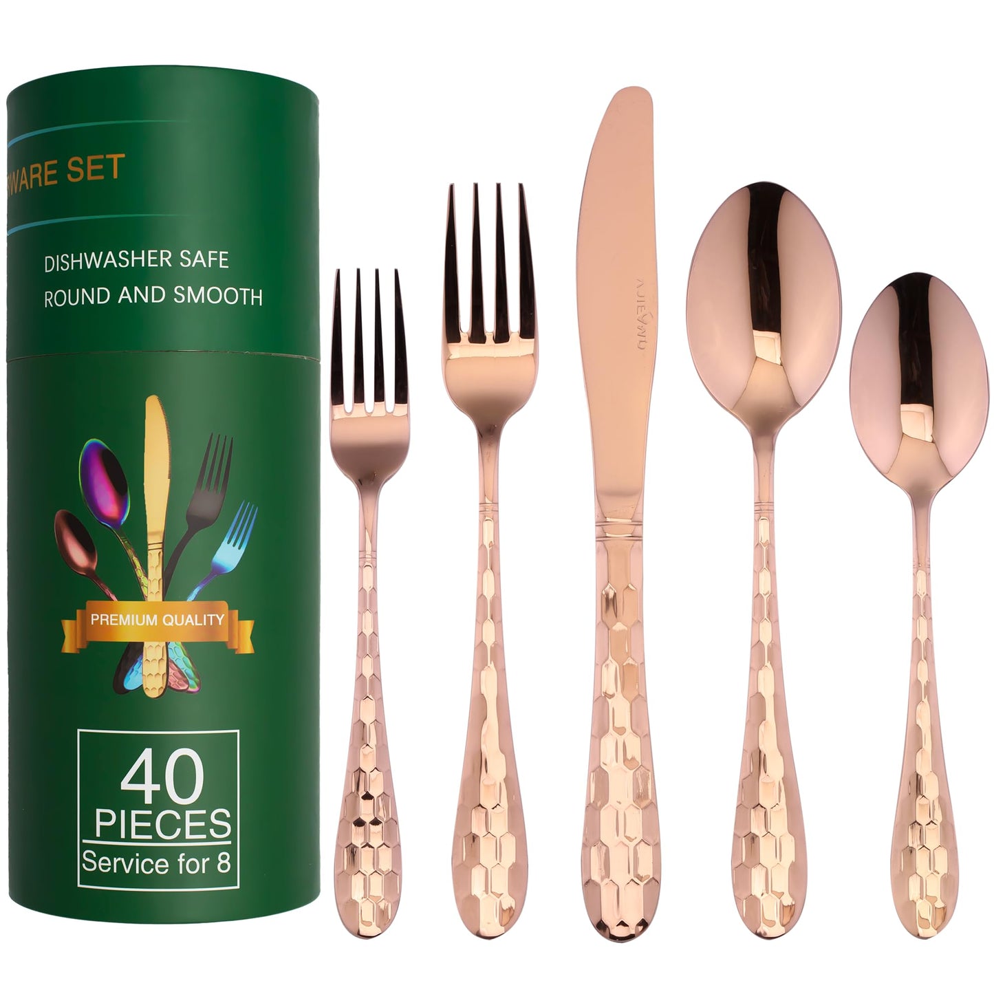 Silverware Set, Flatware Set Service for 8 Premium Stainless Steel Cutlery Set 40 Piece Include Upgraded Knife Spoon Fork Mirror Polished, Dishwasher Safe (Rose Gold)
