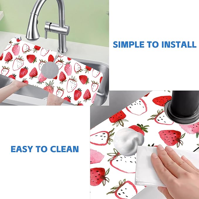 Watercolor Strawberry Kitchen Sink Splash Guard Mat Absorbent Fast Drying Mat