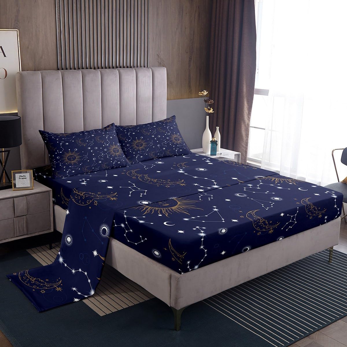 Castle Fairy Kids Golden Sun Moon Fitted Sheet Set King Size 4pcs,Stars Planets Bedding Set(1 Fitted,1 Flat,2 Pillowcases),Navy Blue Universe Luxury Deep Pocket Bed Sheets for Girls Teesn Room